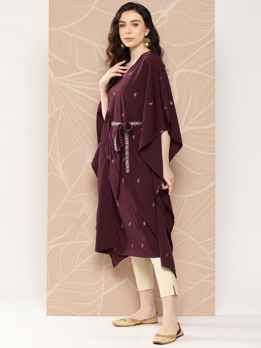 Ahalyaa Women Floral Printed Flared Sleeves Belted Detail Crepe Kaftan Kurta | Swadesiicart