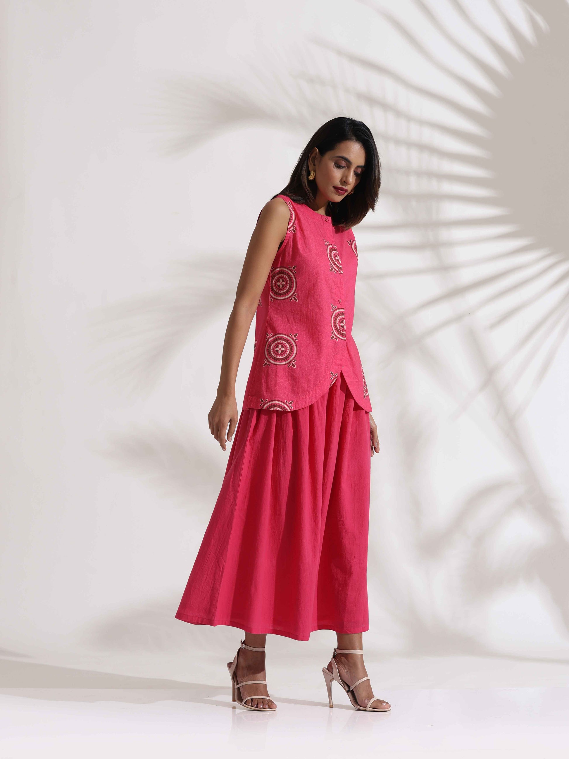 trueBrowns Pink Cotton Skirt Co-ord Set - Swadesiicart
