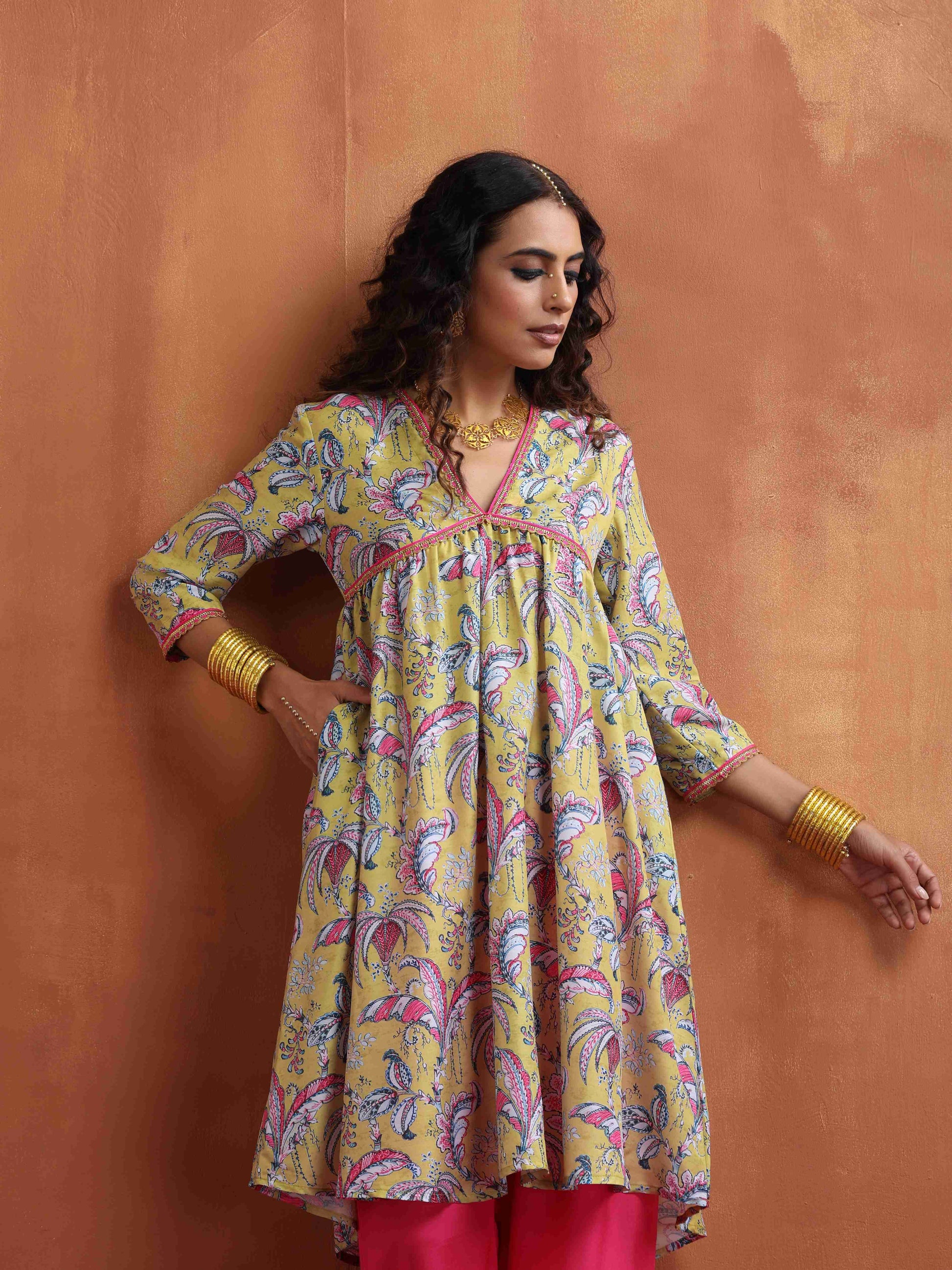 trueBrowns Yellow Print Anarkali Kurta Co-ord Set - Swadesiicart