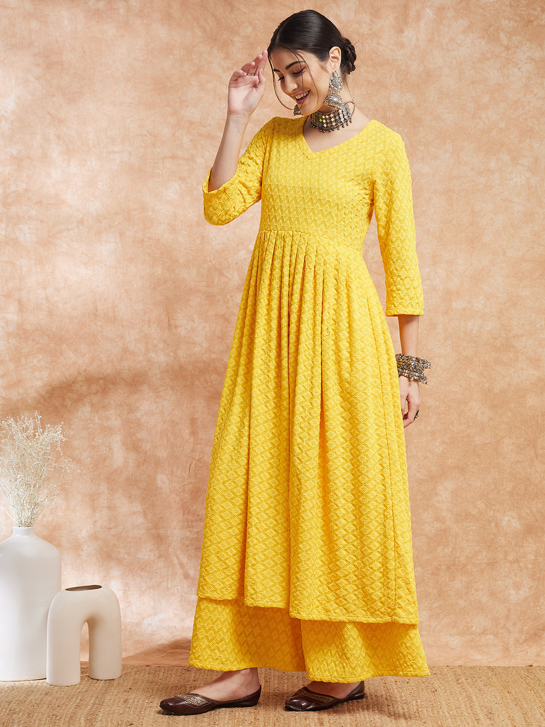 InWeave Women's Butter Yellow Chikankari Long Anarkali Kurta Sharara Set - Swadesiicart