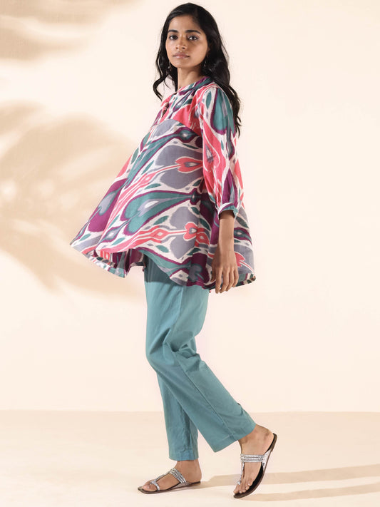 trueBrowns Green Cotton Ikat Flared Co-ord Set - Swadesiicart