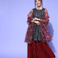 InWeave Women's Blue Printed Kurta Sharara Set With Burgundy Organza Dupatta - Swadesiicart