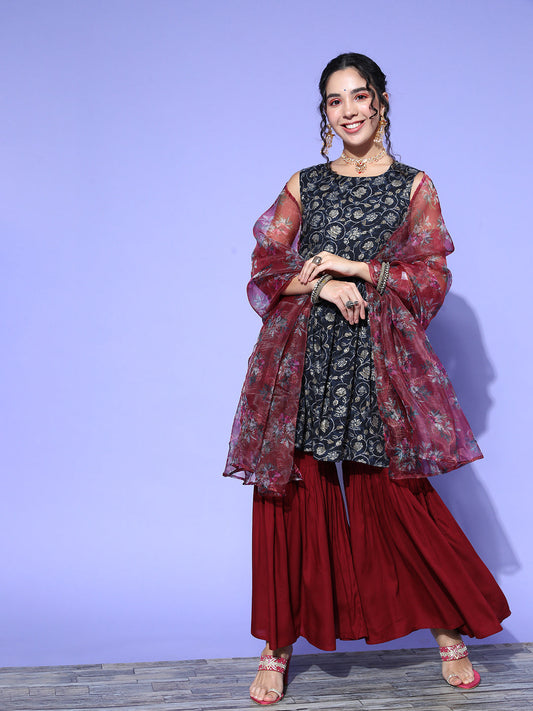 InWeave Women's Blue Printed Kurta Sharara Set With Burgundy Organza Dupatta - Swadesiicart