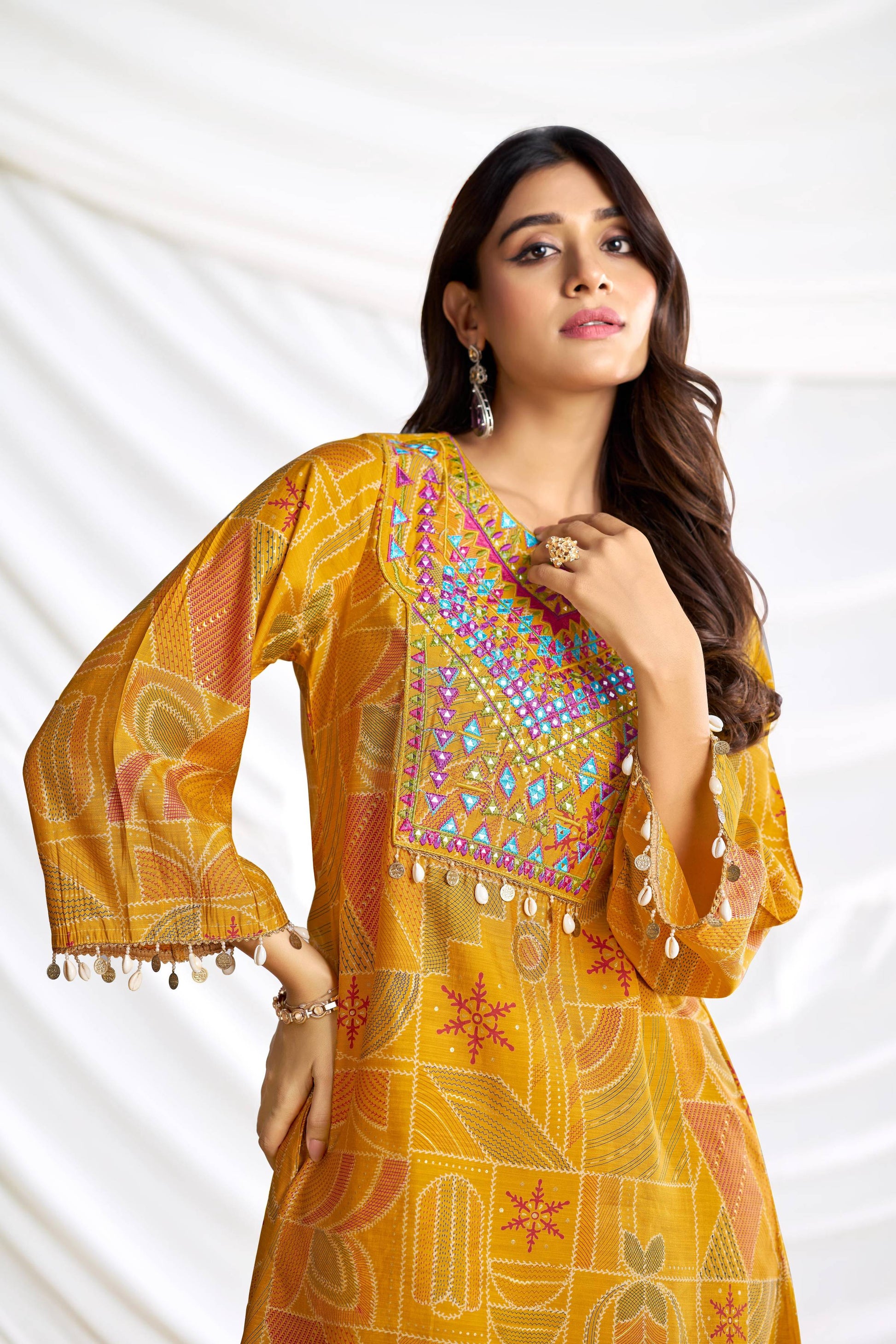 BulBul Ashka Chanderi Mustard Co-Ord Set - Swadesiicart