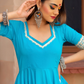 Pomcha Jaipur Kalamkari Blue Pure Cotton Anarkali Set | Swadesiicart