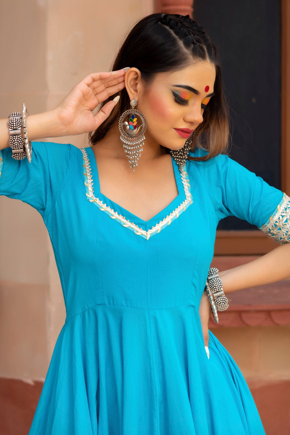 Pomcha Jaipur Kalamkari Blue Pure Cotton Anarkali Set | Swadesiicart