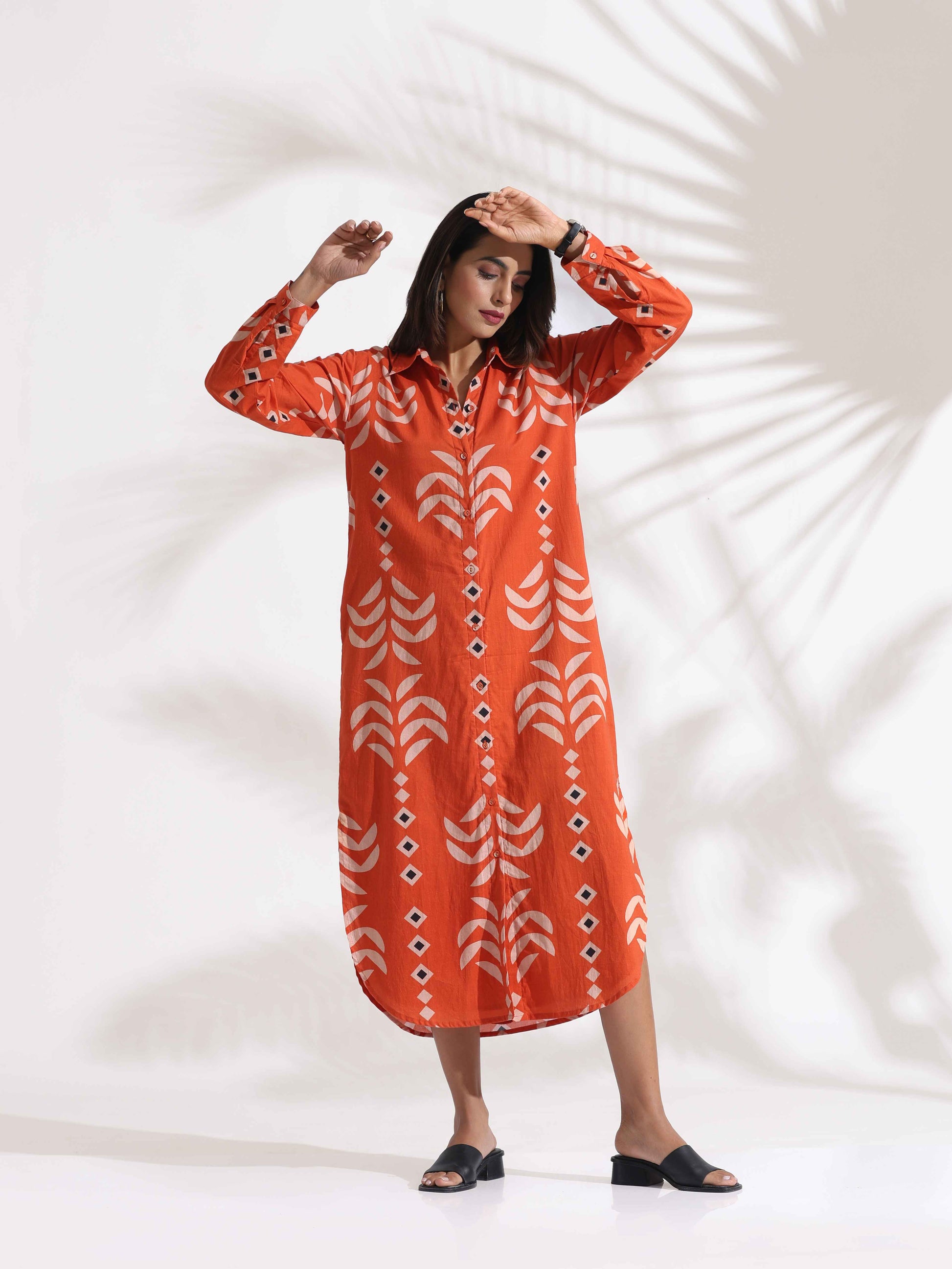 trueBrowns Orange Cotton Print Shirt Dress | Swadesiicart