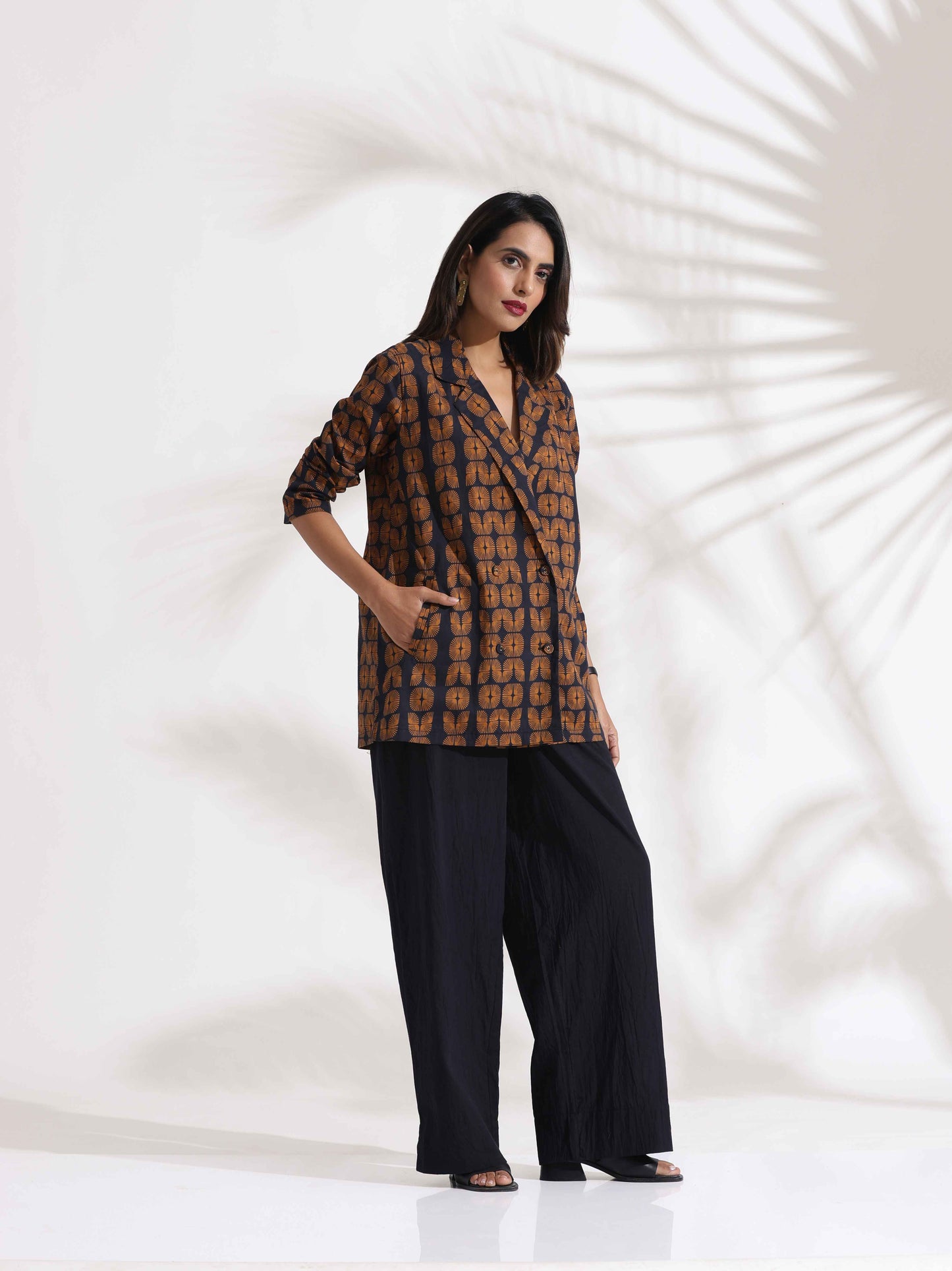 trueBrowns Black Cotton Print Jacket Top Co-ord Set - Swadesiicart
