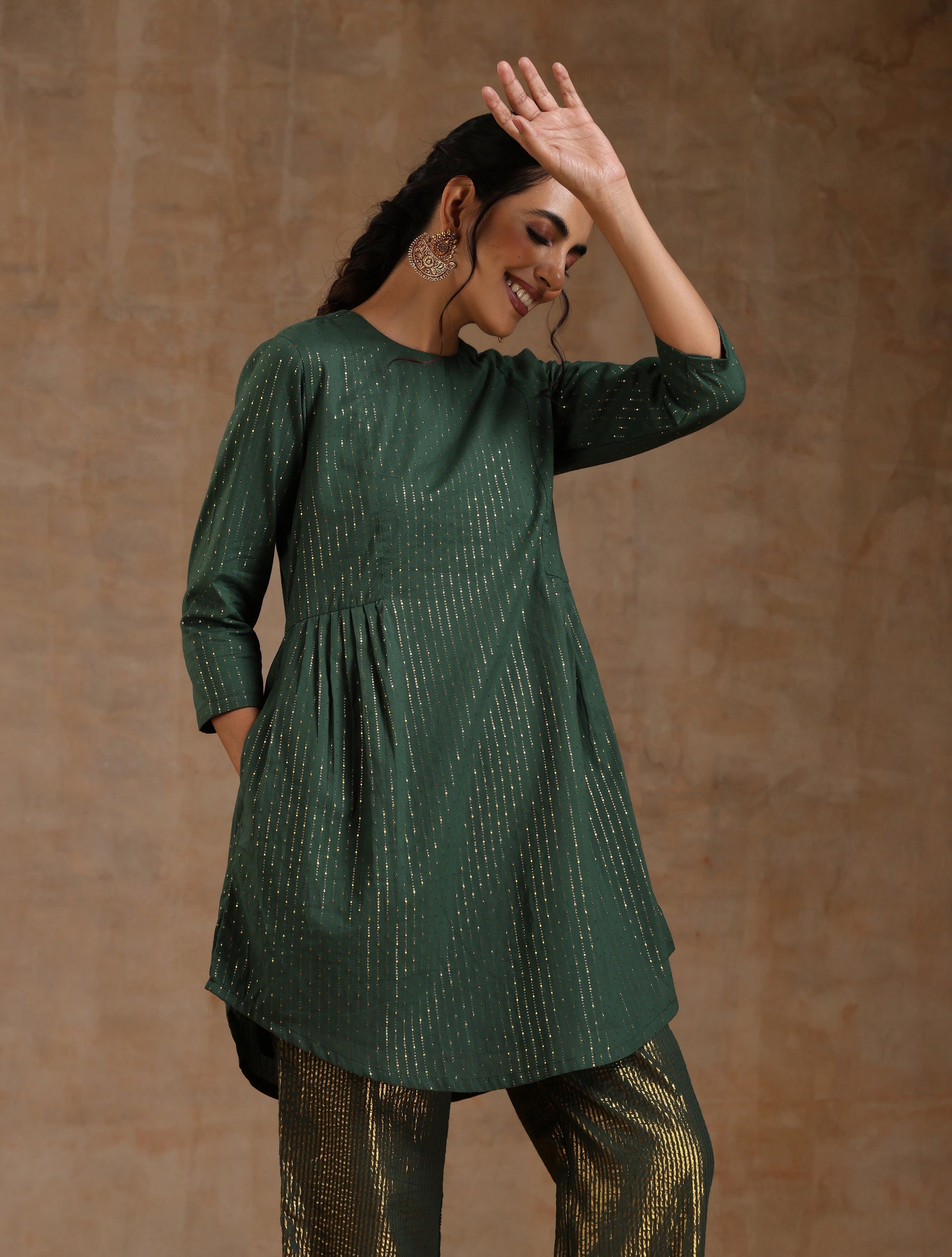 trueBrowns Dark Green Gold Cotton Side Gather Co-Ord Set - Swadesiicart