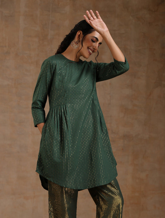 trueBrowns Dark Green Gold Cotton Side Gather Co-Ord Set - Swadesiicart