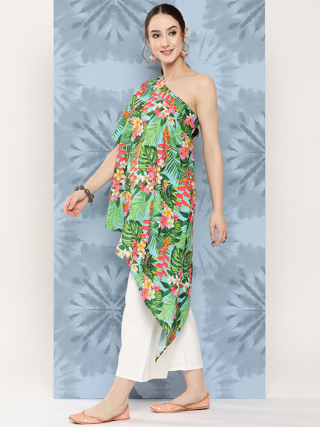 InWeave Women's Mint Green Leaf Japanese Art Oneshoulder Top - Swadesiicart