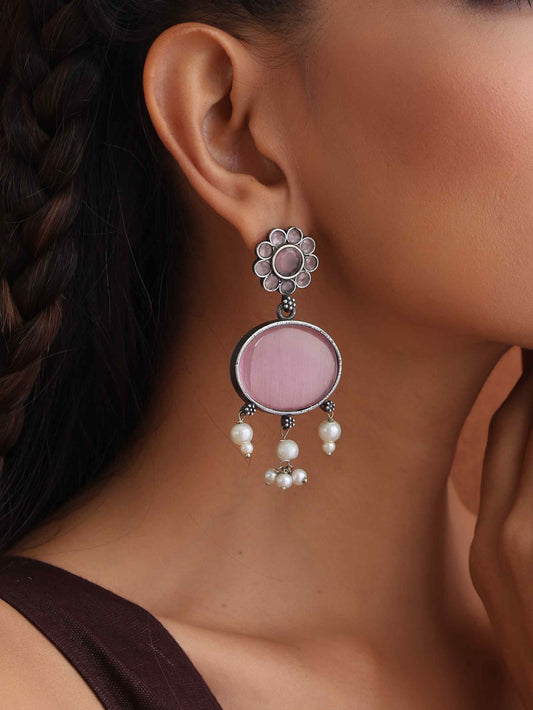 trueBrowns Silver Tone Pink Stone Dangle Earrings - Swadesiicart