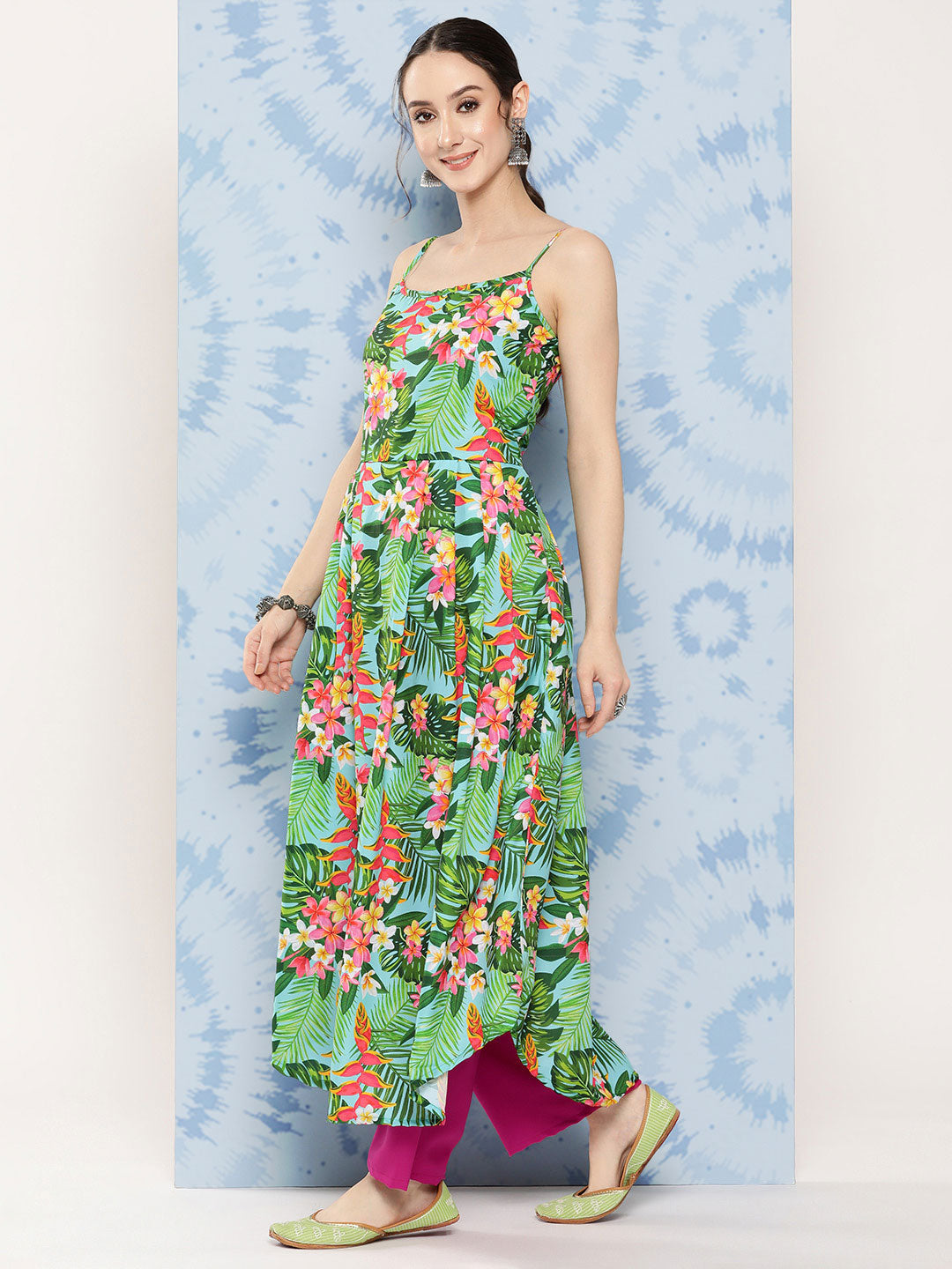 InWeave Women's Mint Green Leaf Japanese Art Strappy Set - Swadesiicart