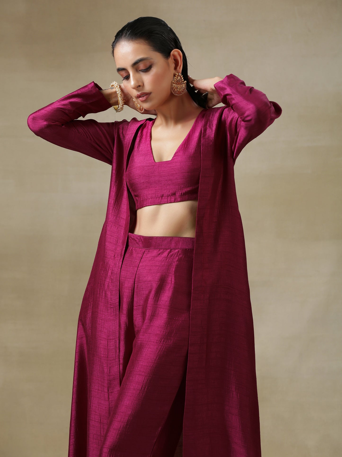 trueBrowns Purple Textured Silk Overlay Jacket Blouse Pant Set | Relove | Swadesiicart