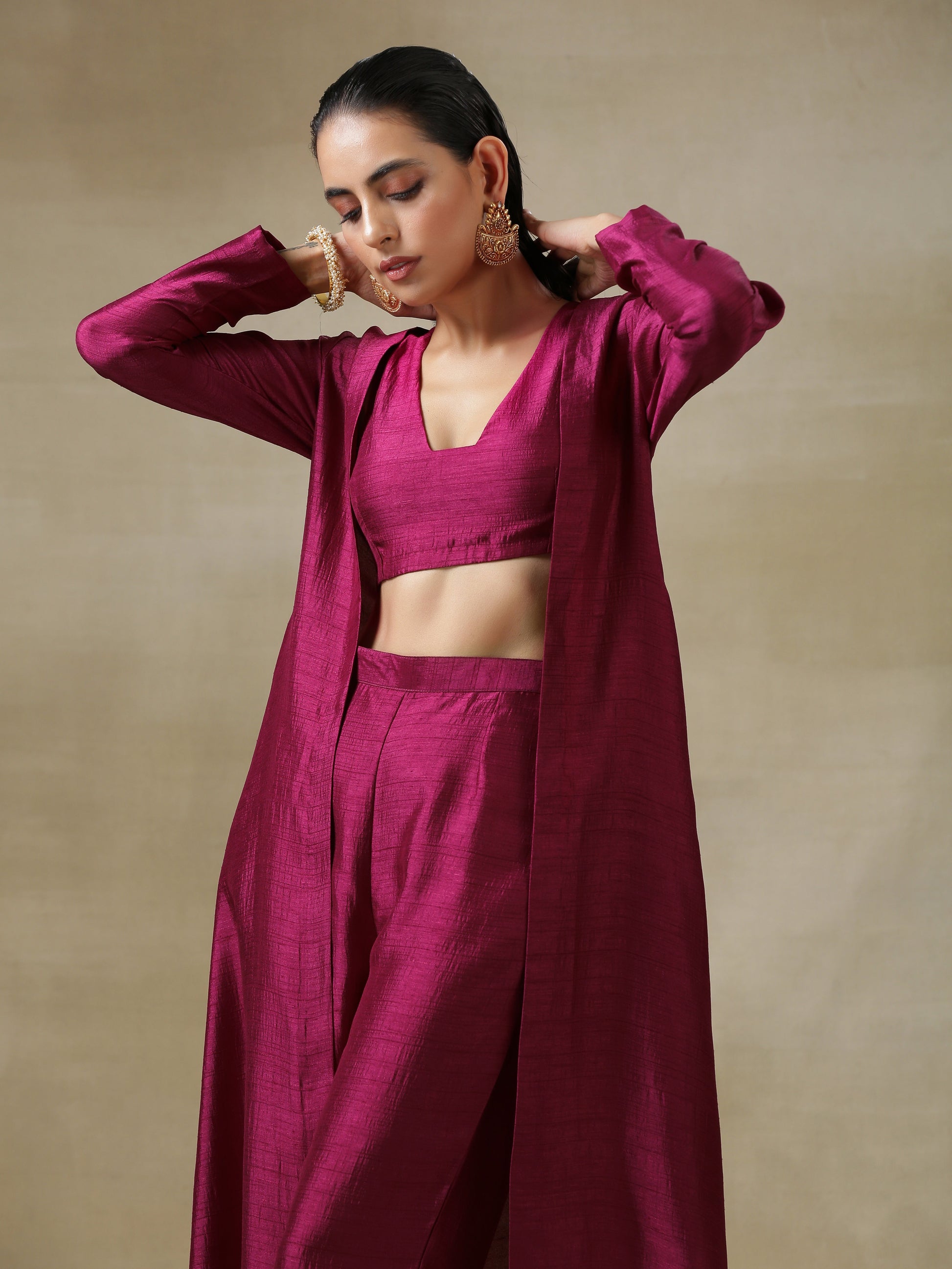 trueBrowns Purple Textured Silk Overlay Jacket Blouse Pant Set | Relove | Swadesiicart