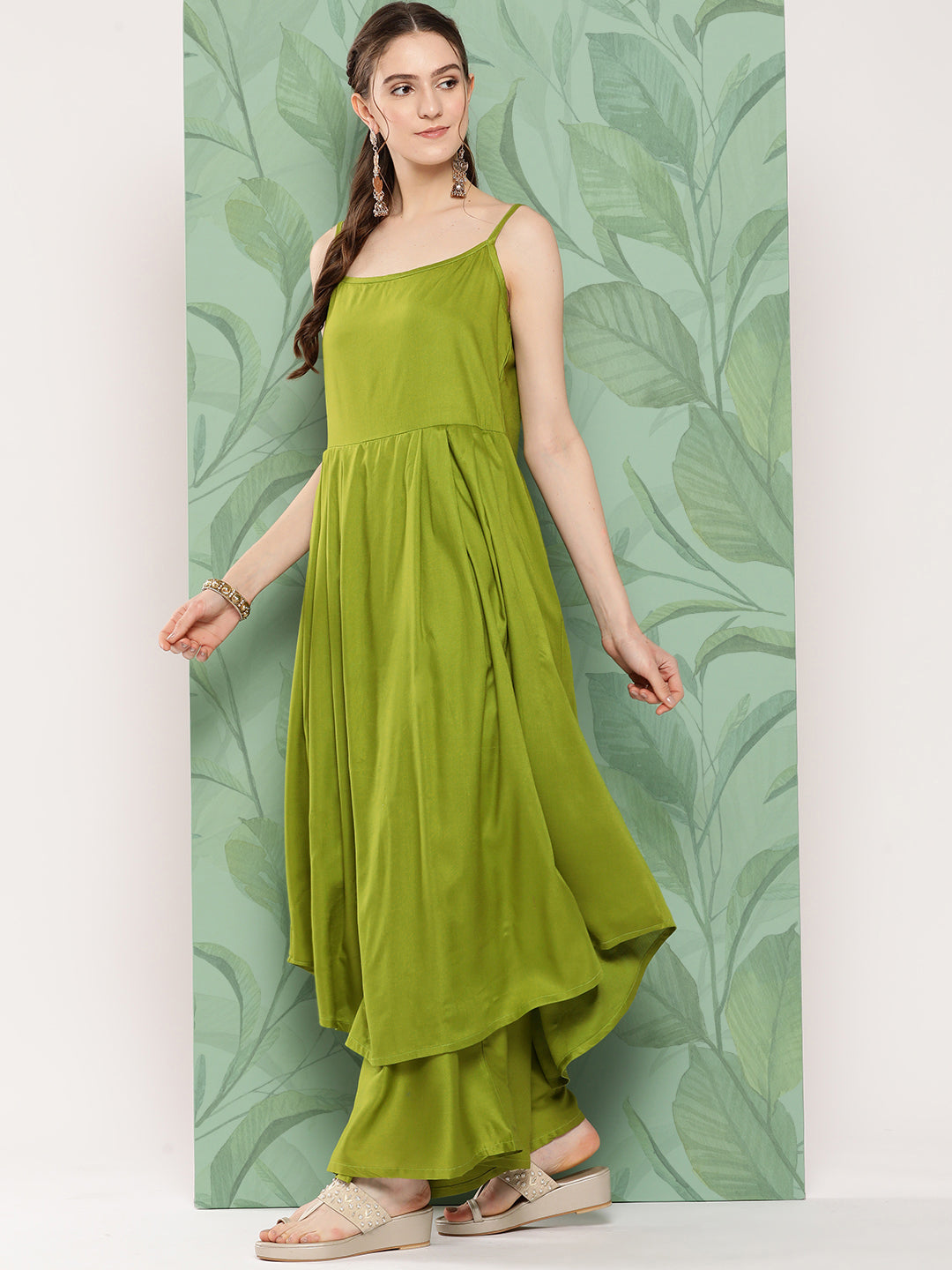 InWeave Women's Olive Strappy Set W White Pink Or Duptta - Swadesiicart