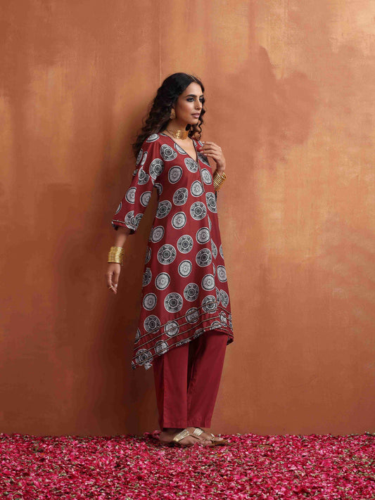 trueBrowns Maroon Print A-line Kurta Co-ord Set - Swadesiicart