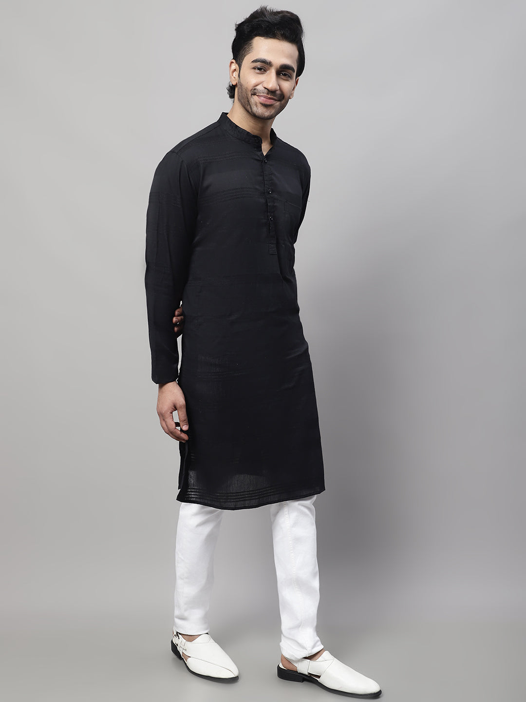 Even Apparels Black Pure Cotton Kurta With Band Collar | Swadesiicart