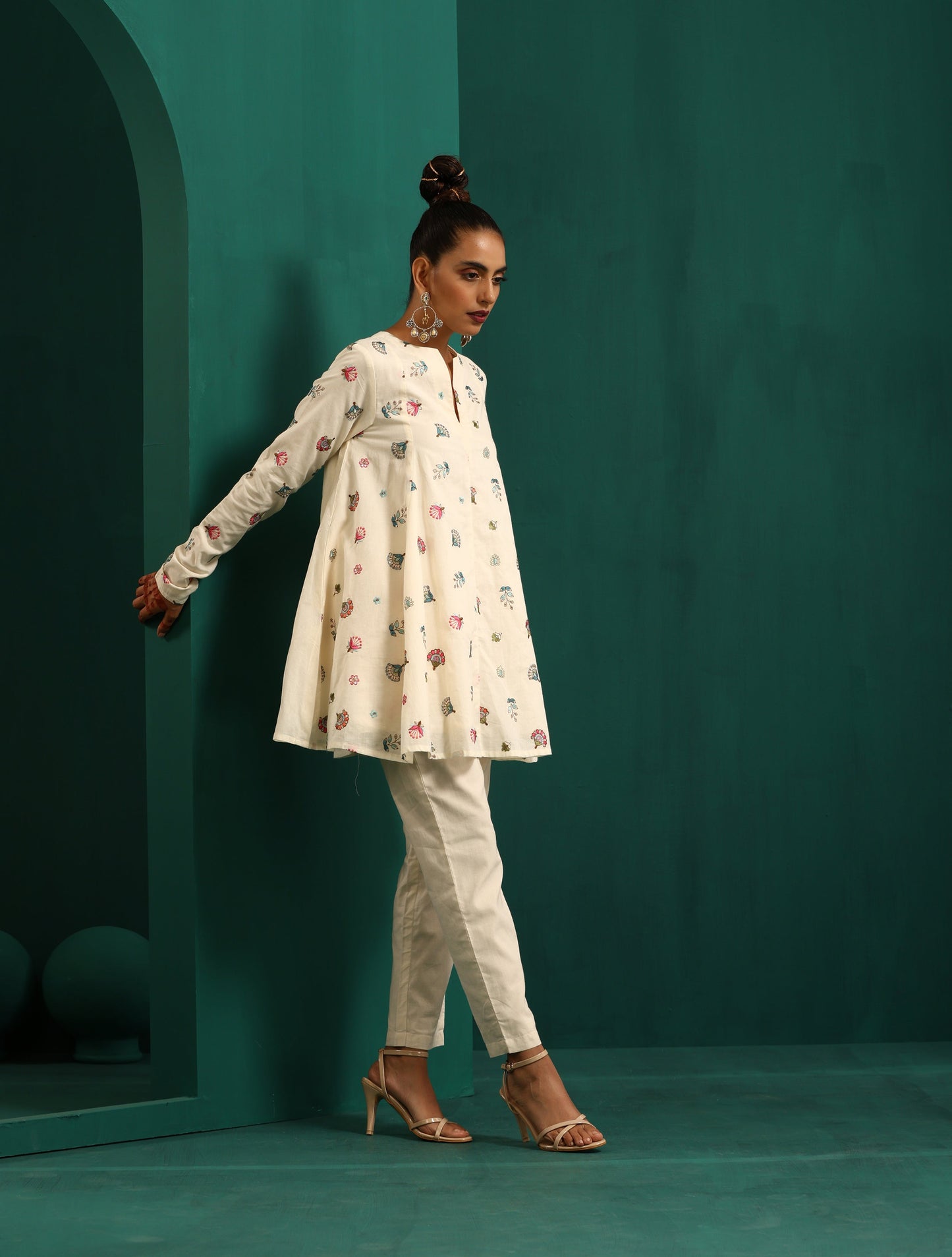 trueBrowns Ivory Multi Color Floral Cotton Flared Co-ord Set - Swadesiicart
