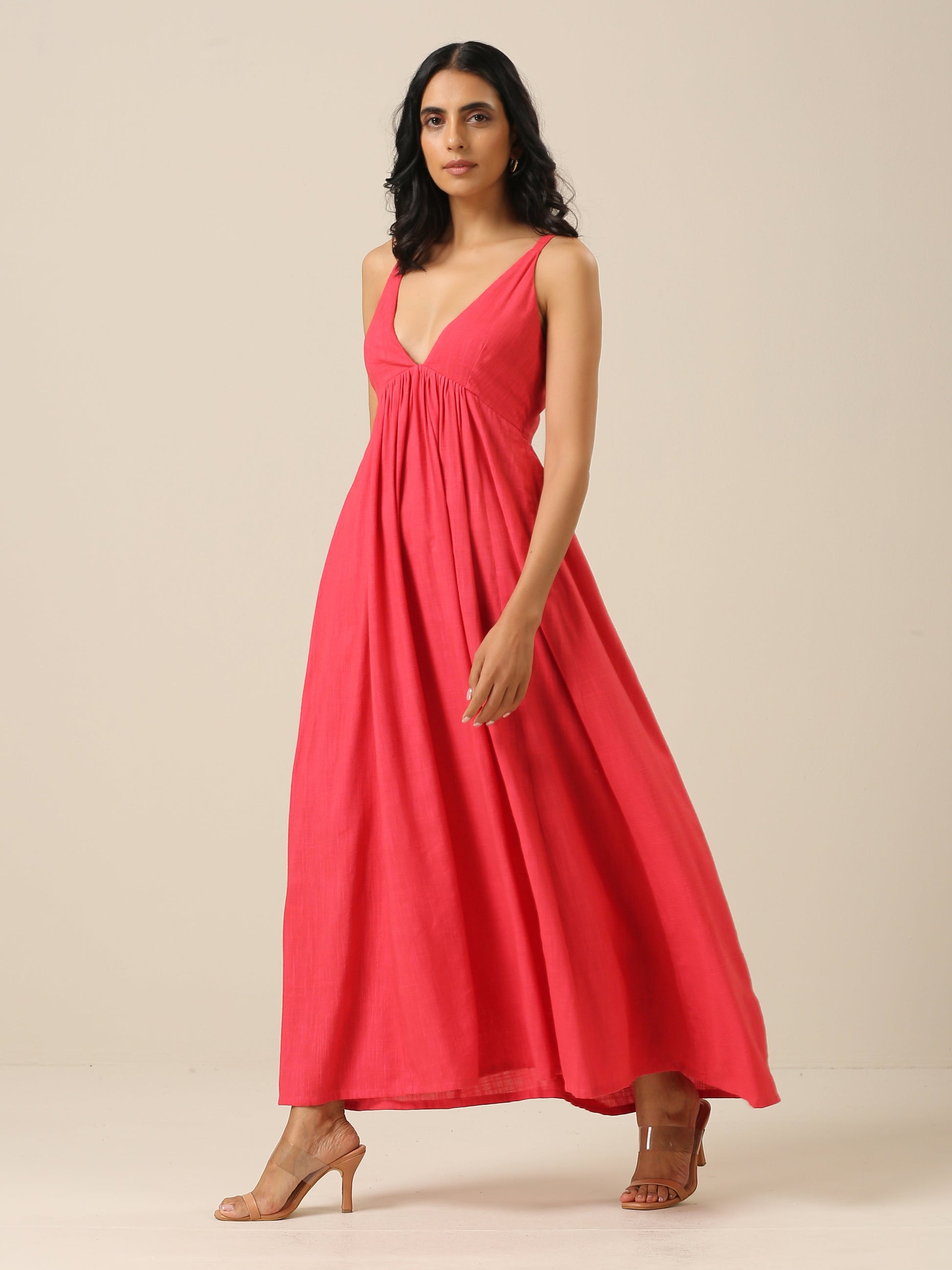 trueBrowns Bright Pink Slub Texture Sleeveless Dress | Swadesiicart