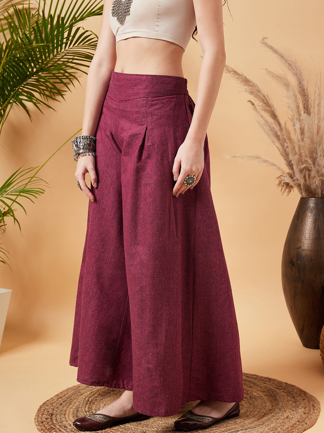 InWeave Women's Pink Wine Handloom Palazzo - Swadesiicart