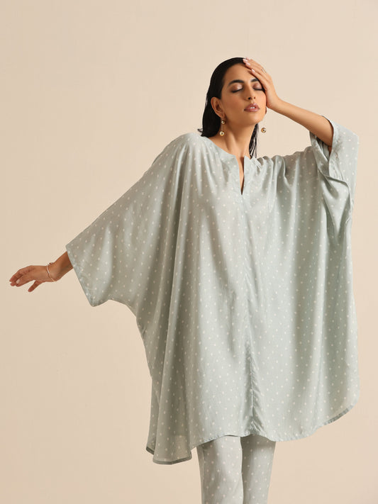 trueBrowns Grey Bandhani Printed Silk Kaftan Co-Ord Set - Swadesiicart
