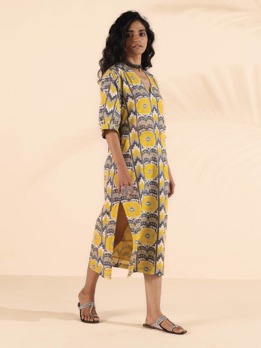 trueBrowns Yellow Cotton Ikat Slit Dress | Swadesiicart
