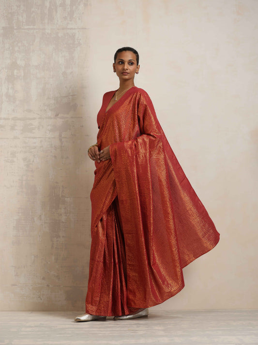 trueBrowns Maroon Gold Metallic Ready To Wear Saree | Swadesiicart