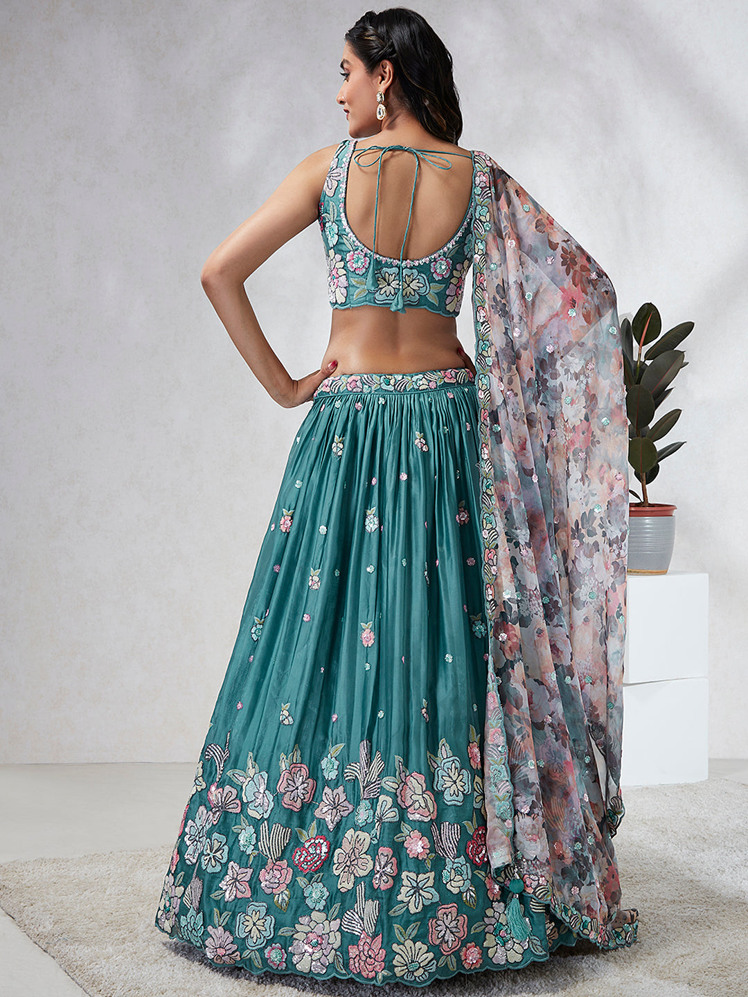 House of Panchhi Turquoise Blue Georgette Sequins And Thread Embroidery Lehenga Choli & Dupatta | Swadesiicart