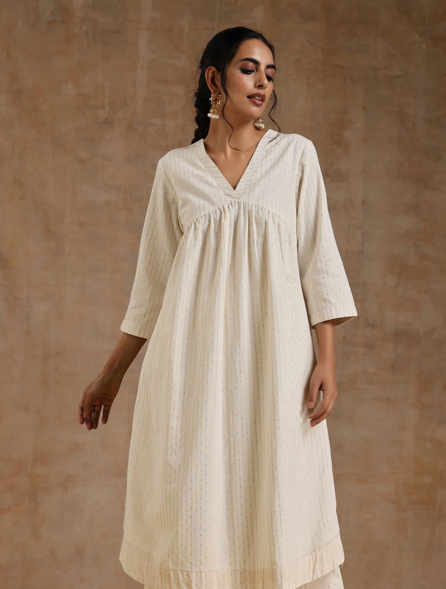 trueBrowns Ivory Gold Cotton Flared Kurta Set | Swadesiicart