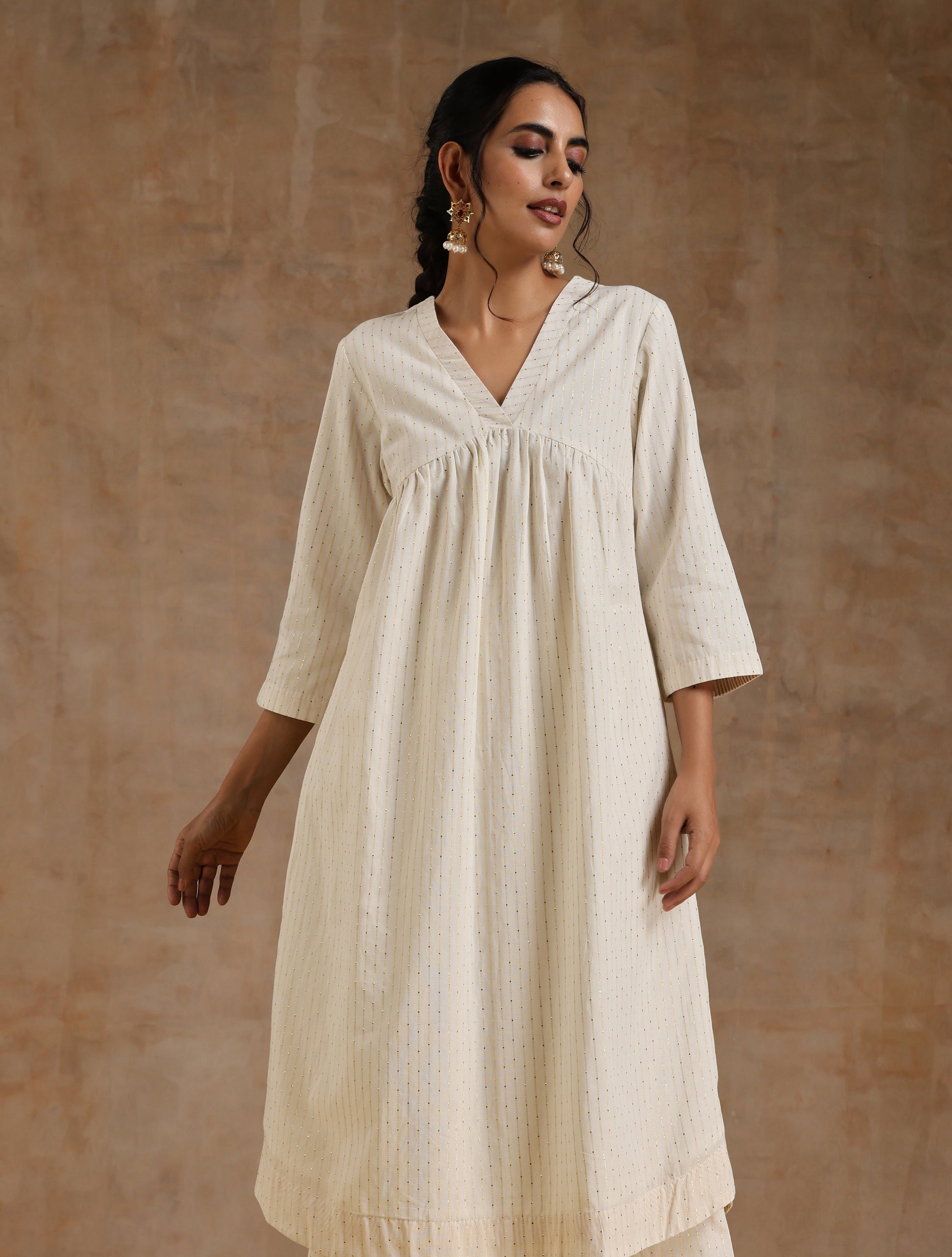 trueBrowns Ivory Gold Cotton Flared Kurta Set | Swadesiicart