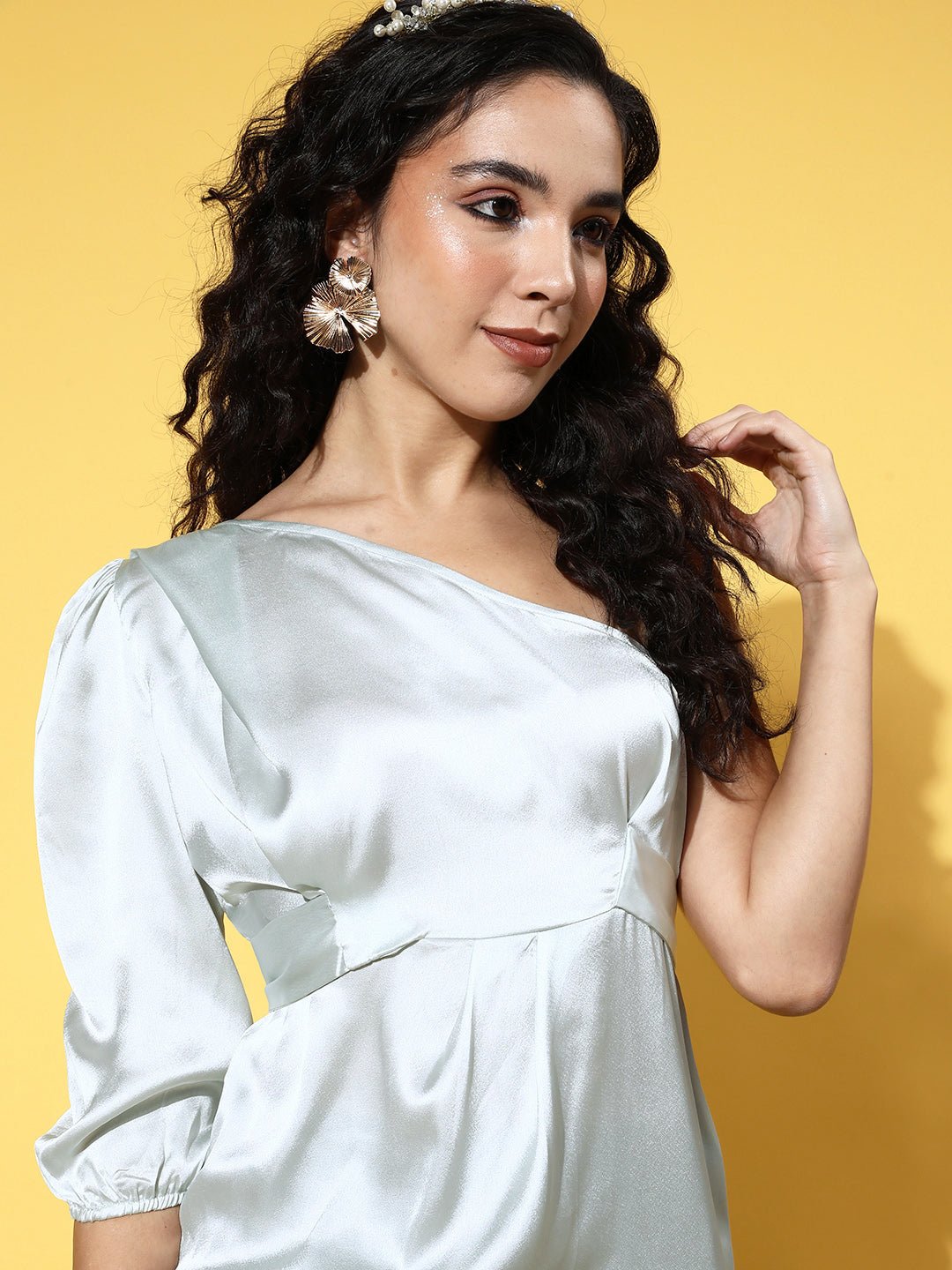 InWeave One Shoulder Satin Top In Silver Colour - Swadesiicart