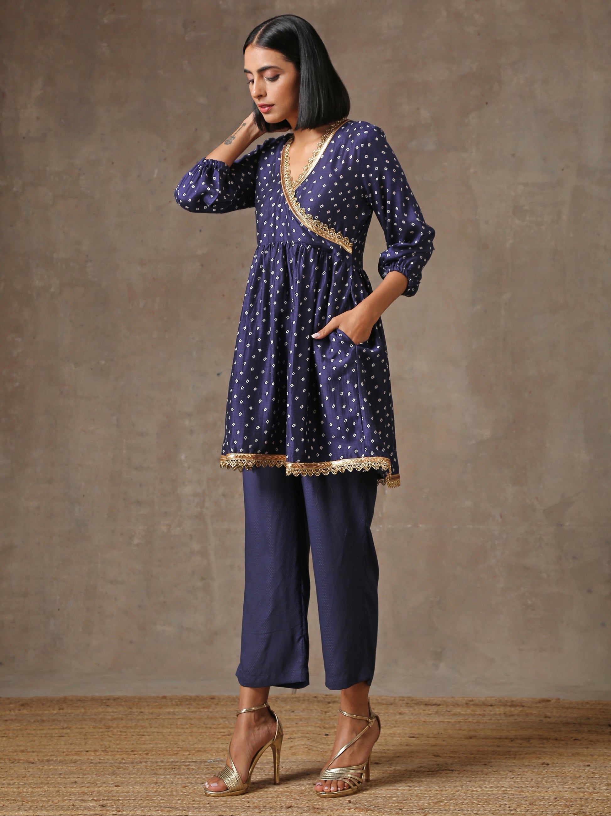 trueBrowns Blue Bandhani Printed Silk Co-Ord Set - Swadesiicart