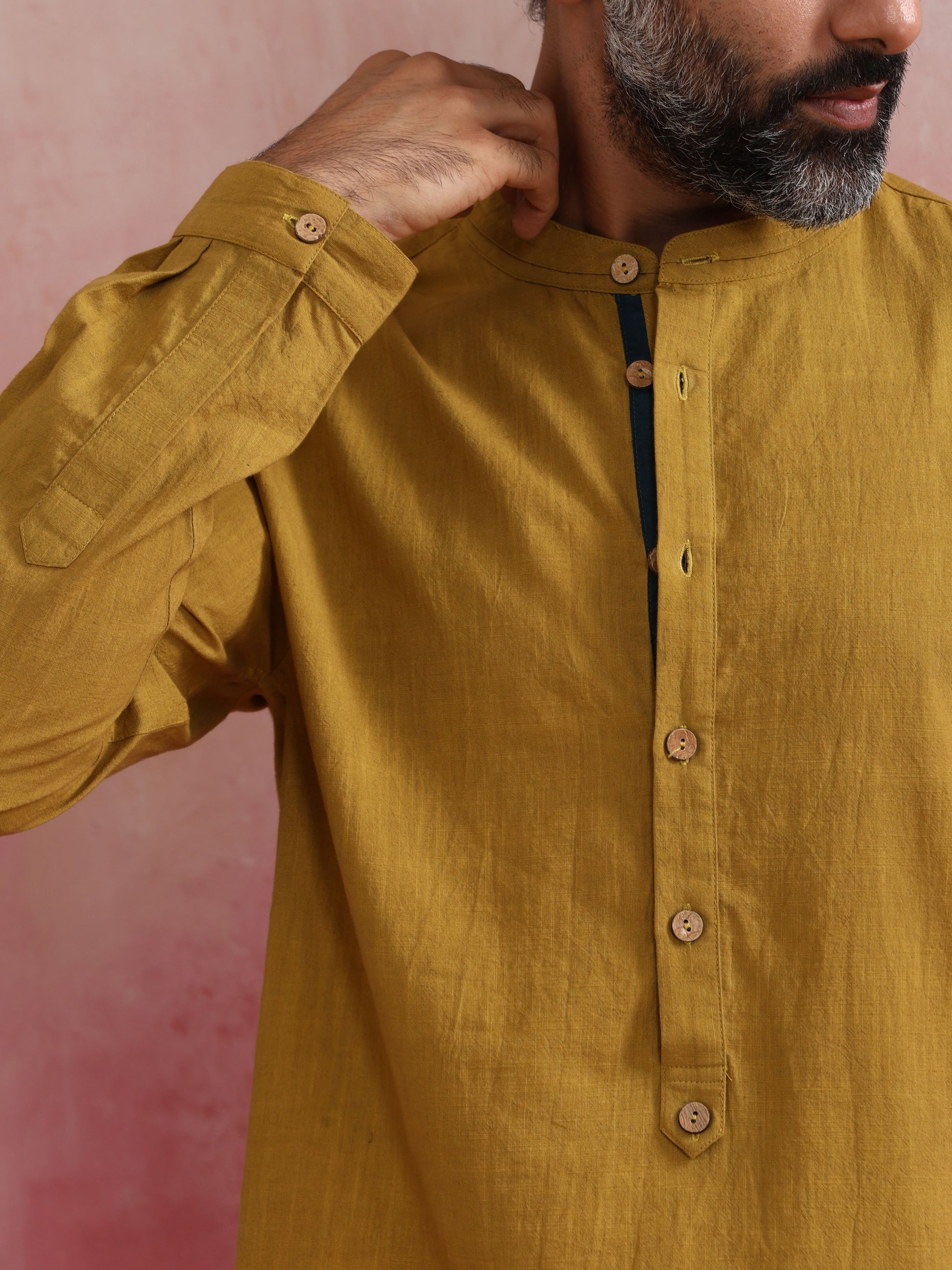 trueBrowns Men's Mustard Cotton Mandarin Collar Stylized Kurta | Swadesiicart