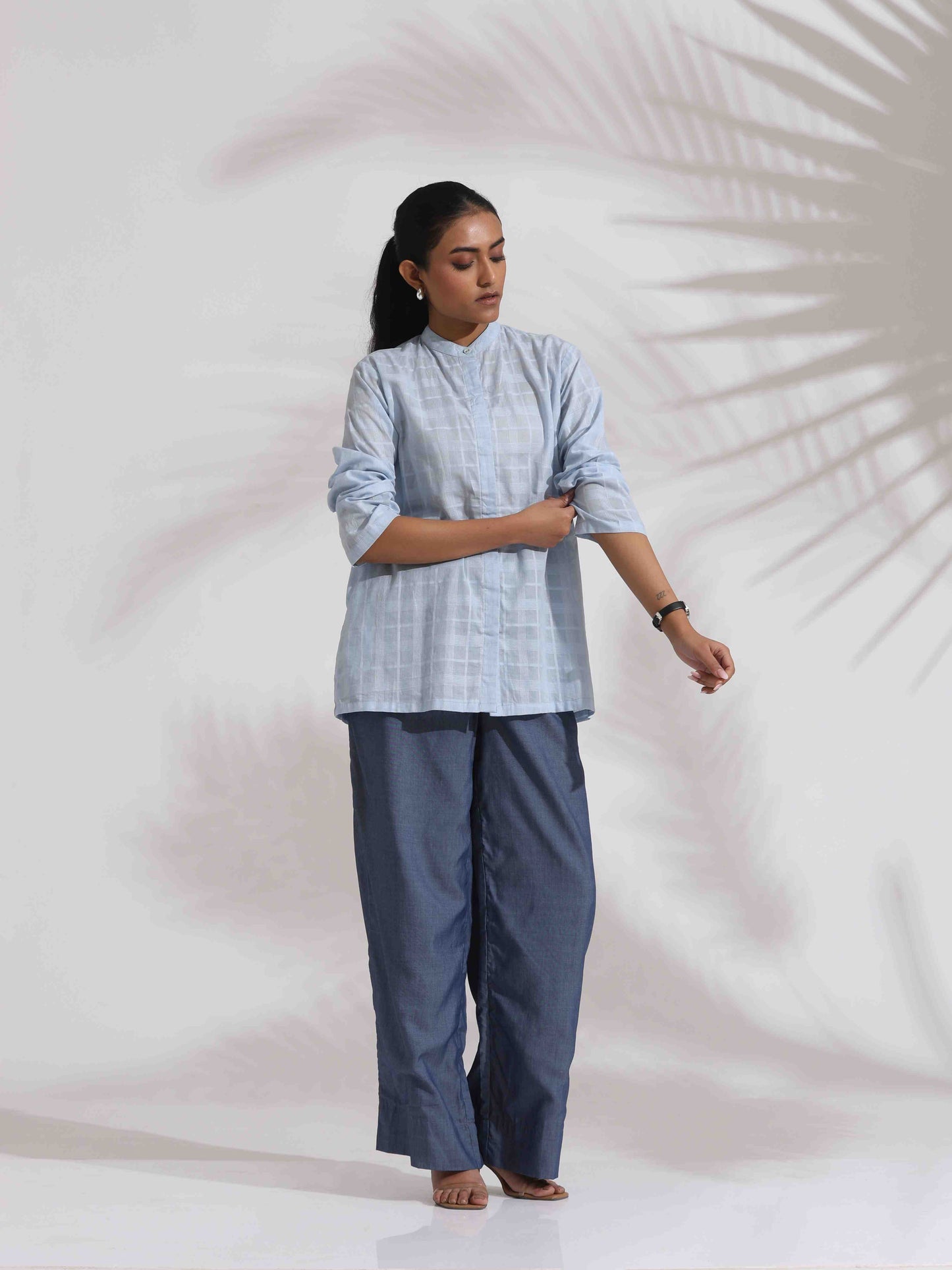 trueBrowns Blue Cotton Check Shirt Top Co-ord Set - Swadesiicart