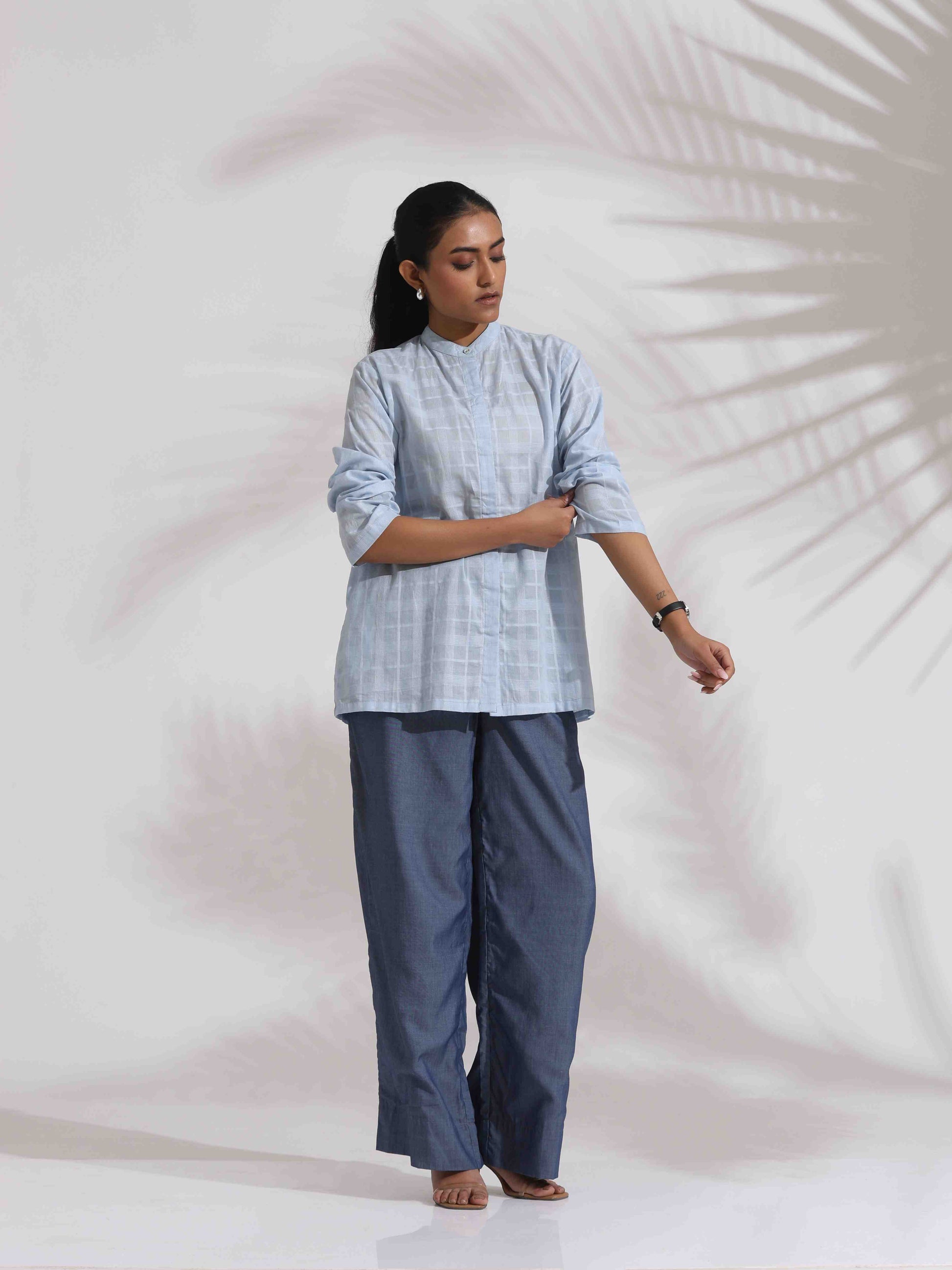 trueBrowns Blue Cotton Check Shirt Top Co-ord Set - Swadesiicart