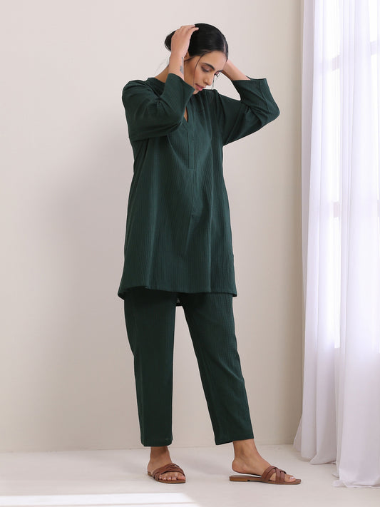 trueBrowns Dark Green Dobby Relaxed Fit Co-Ord Set - Swadesiicart