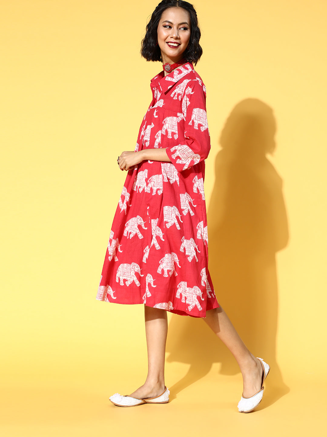 InWeave Red Elephant Flared Dress - Swadesiicart