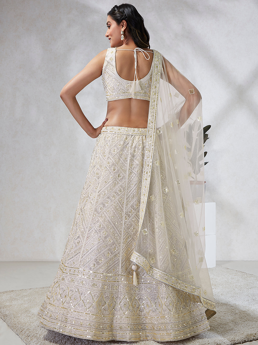 House of Panchhi Cream Net Cutdana, Sequins And Zarkan Embroidery Lehenga Choli & Dupatta | Swadesiicart