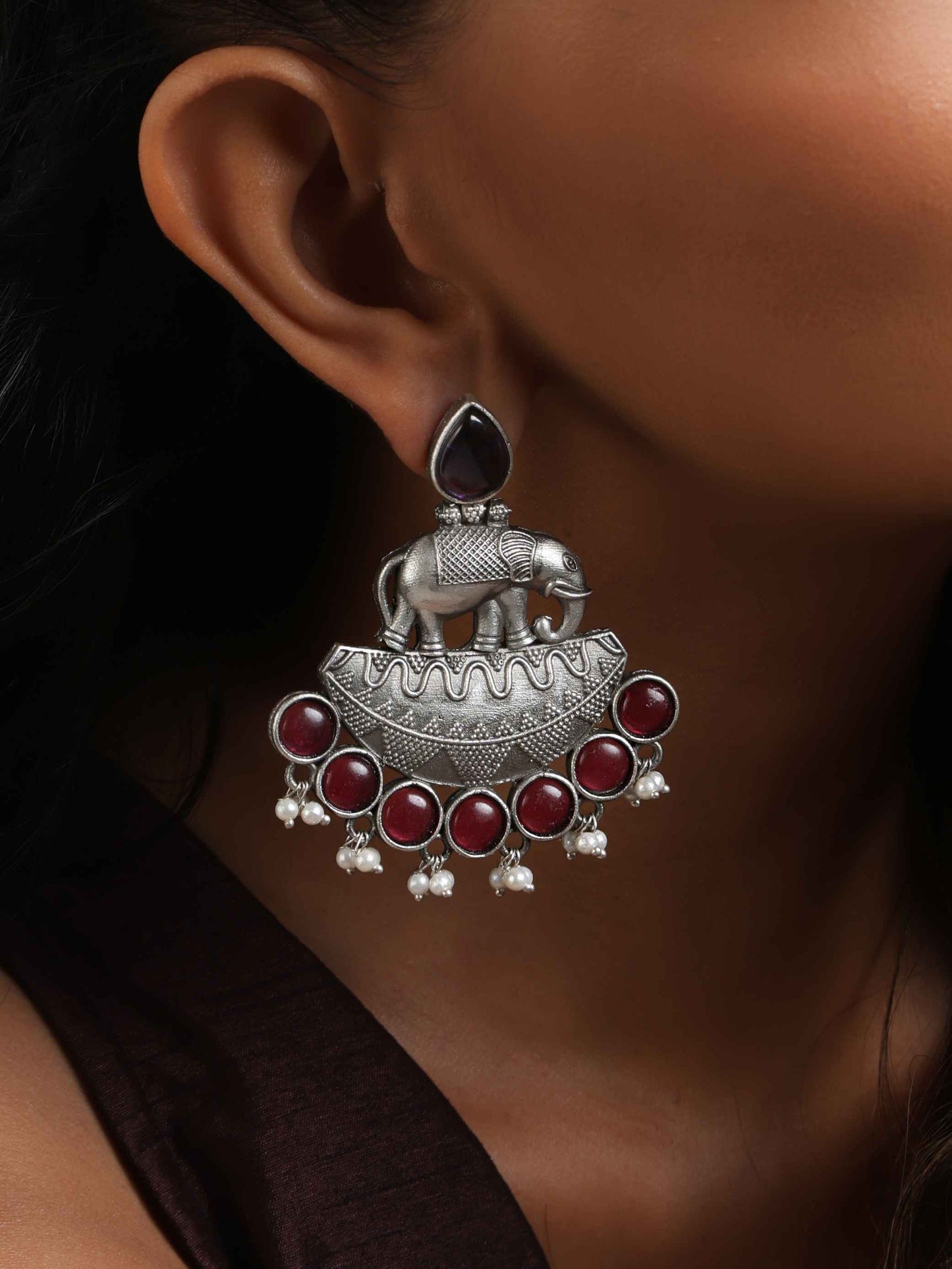 trueBrowns Silver Tone Elephant Dangle Earrings - Swadesiicart