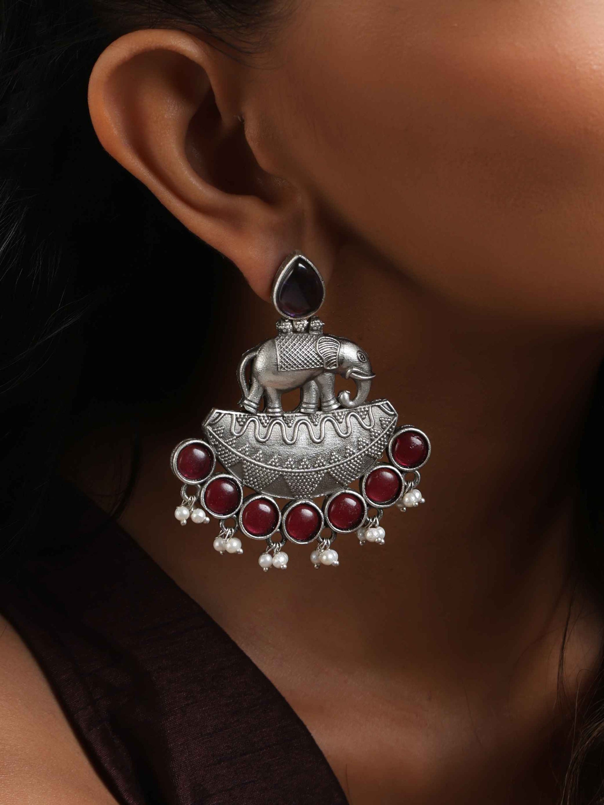 trueBrowns Silver Tone Elephant Dangle Earrings - Swadesiicart