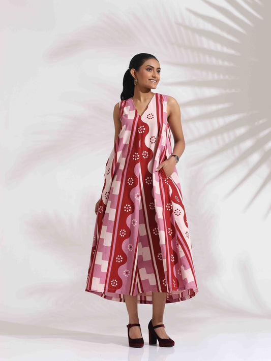trueBrowns Pink Cotton Abstract Print Dress | Swadesiicart