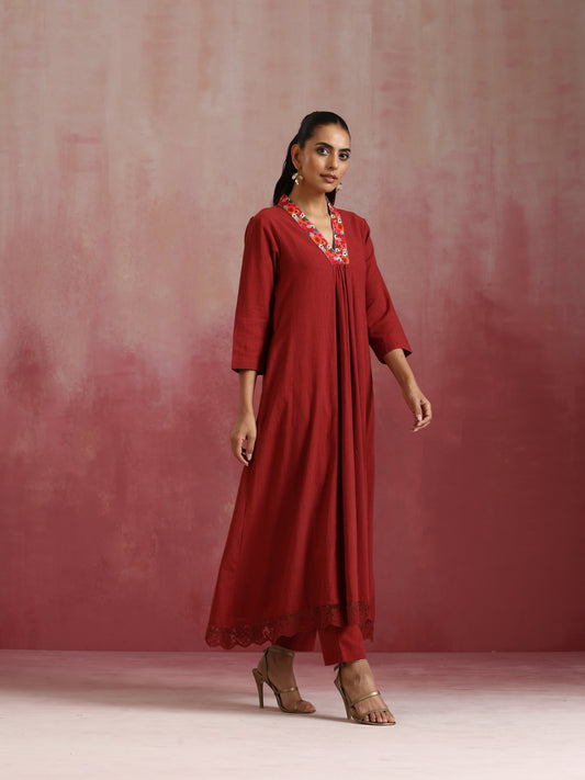 trueBrowns Maroon Cotton Dobby Kurta Set | Swadesiicart