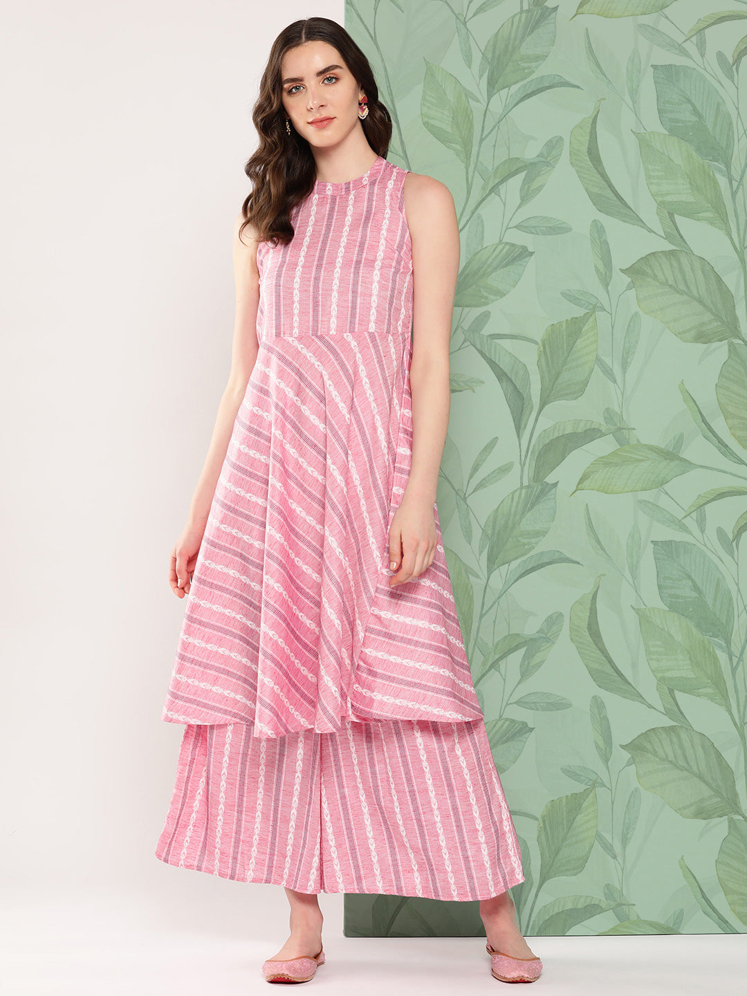 InWeave Women's Pink Kantha Striped Kurta Set - Swadesiicart
