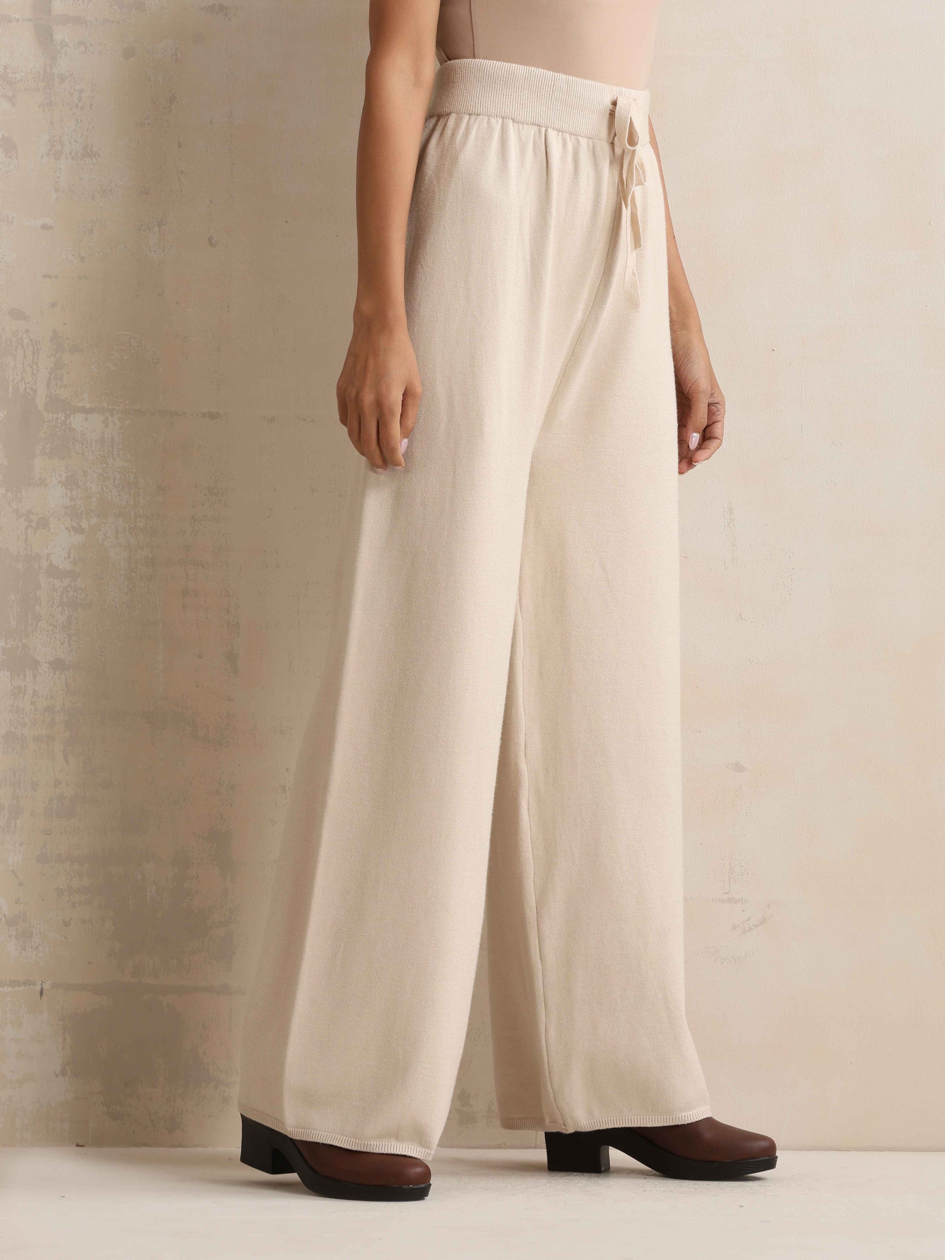 trueBrowns Ivory Woollen Flared Pants | Swadesiicart