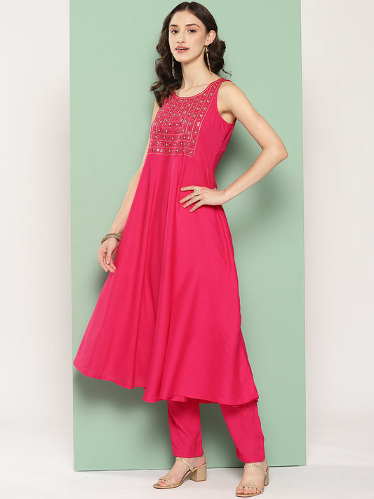 InWeave Women's Fuchsia Mirror Work Strappy Set W Square Bandhani Print Silk Dup - Swadesiicart
