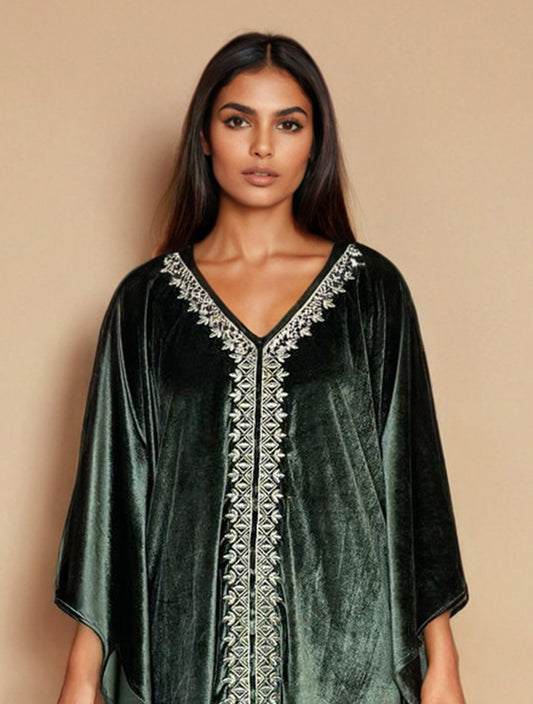 trueBrowns Olive Green Velvet Embroidered Kaftan Kurta Set | Swadesiicart
