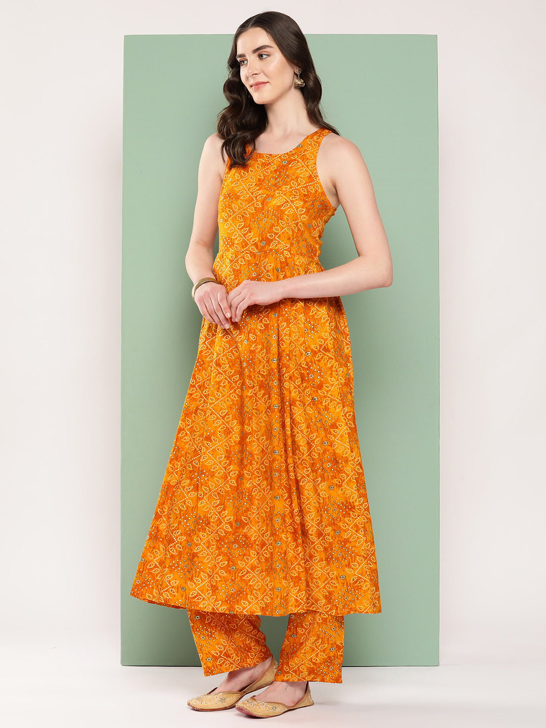 InWeave Women's Muatsrd Bandhej Print Raisa Back Detial Long Coords Set - Swadesiicart