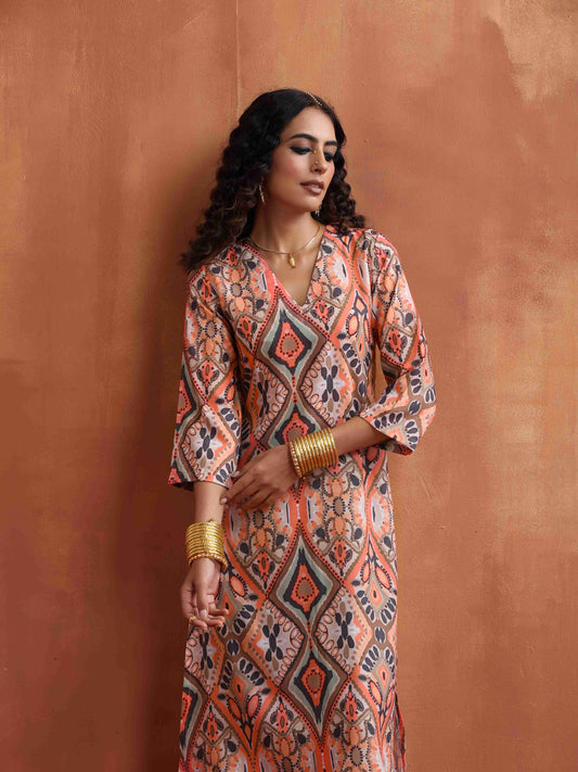 trueBrowns Beige Abstract Print Kurta Set | Swadesiicart