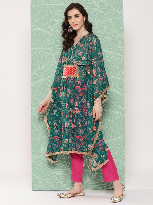 Ahalyaa Women Floral Printed Flared Sleeves Patchwork Georgette Kaftan Kurta | Swadesiicart